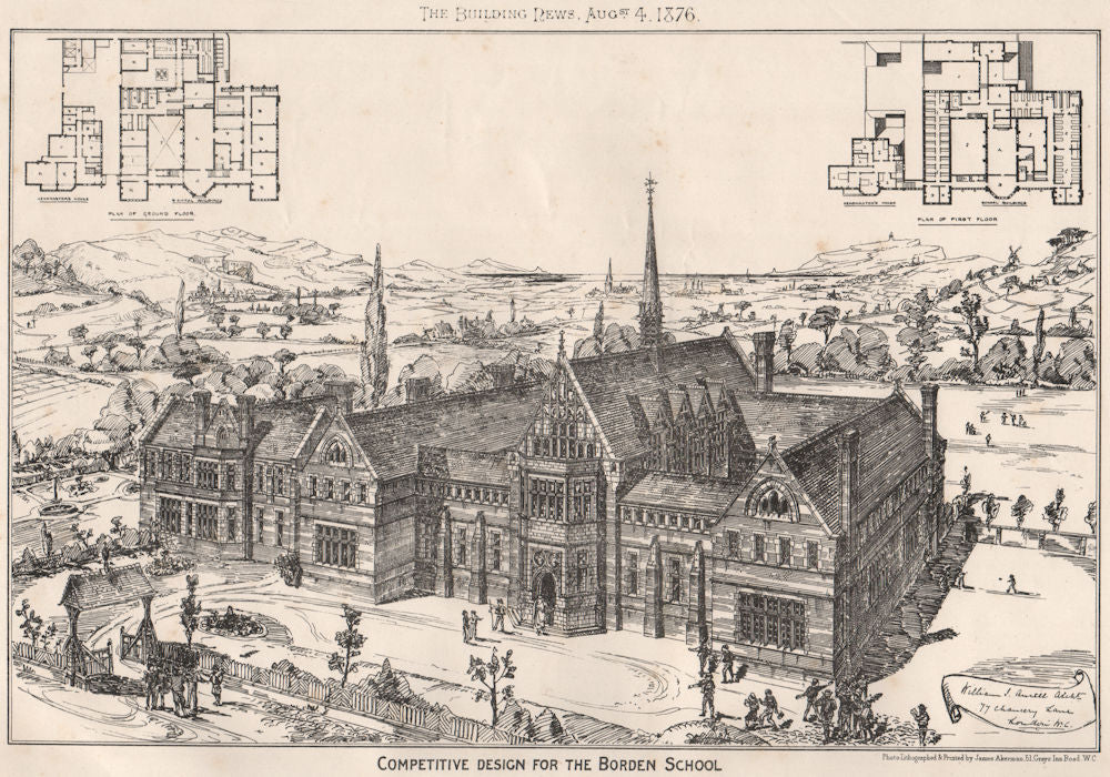 Competitive design for the Borden School. Kent 1876 old antique print picture